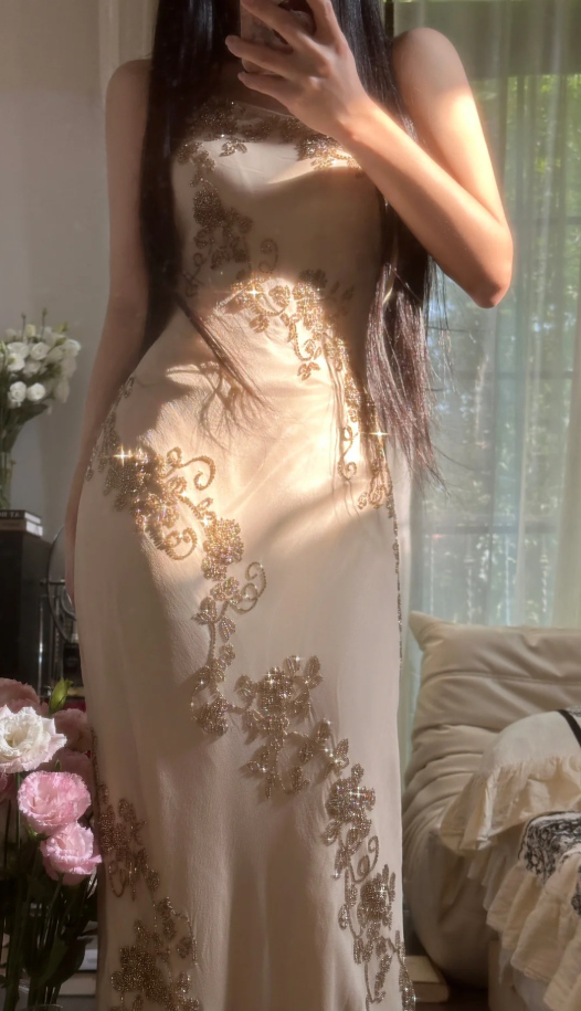 Vintage Spaghetti Straps Chiffon Beaded Mermaid Long Evening Dress Formal Birthday Party Dress - FashionDia
