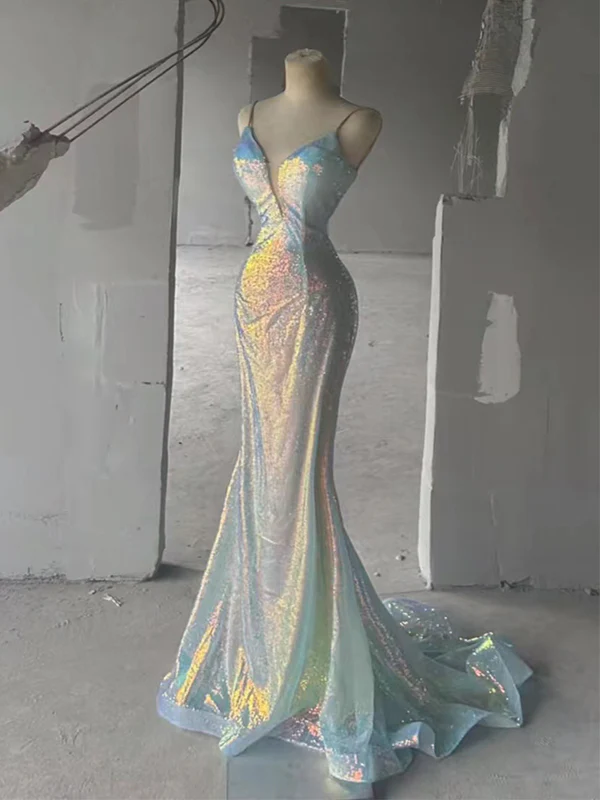 Sparkly Spaghetti Straps Sequins Mermaid V-neck Backless Long Prom Dresses Evening Dresses Y7804 - View 2 | VelvetHem