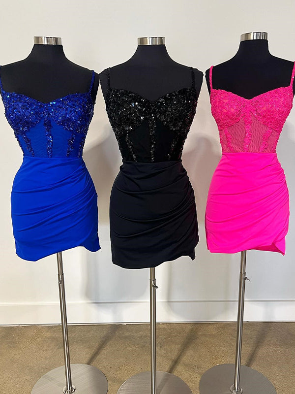 Glitter Corset Satin Asymmetrical Tight Short Homecoming Dress with Sequins