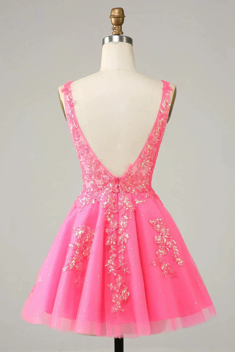 Fuchsia Sequined V Neck Backless Short Homecoming Dress (ZD12696)