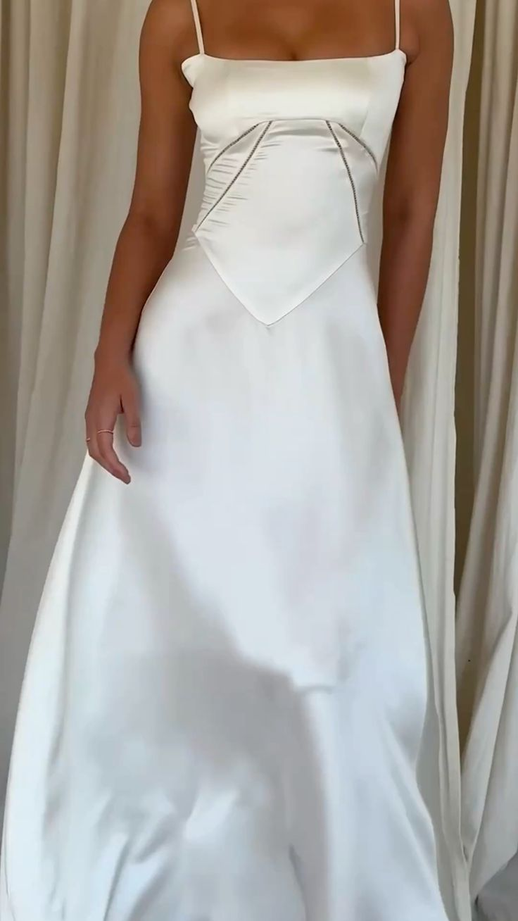 Classy Spaghetti Straps White Satin A-Line Long Bridesmaid Dress Formal Prom Dress - FashionDia