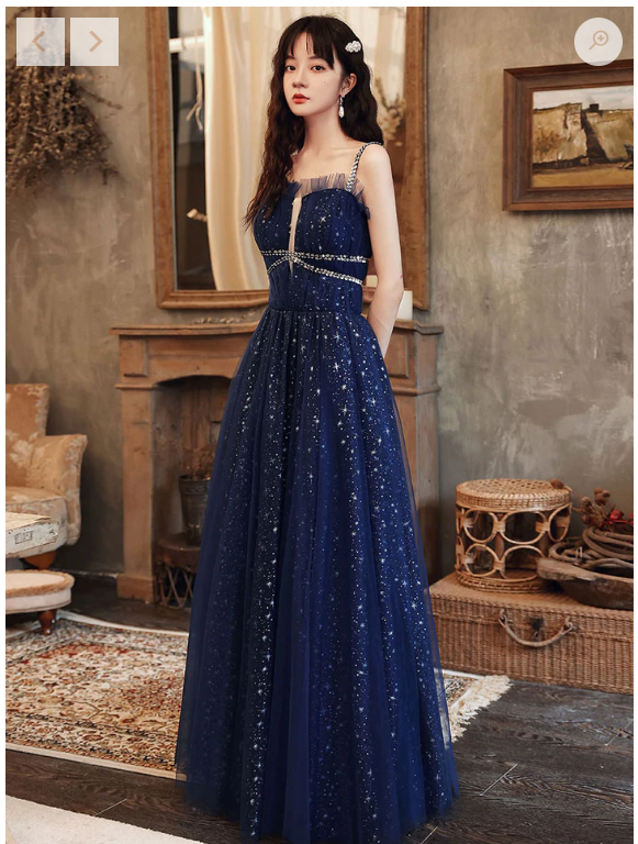 Blue tulle A-Line sequin long prom dress, blue tulle formal dress - FashionDia