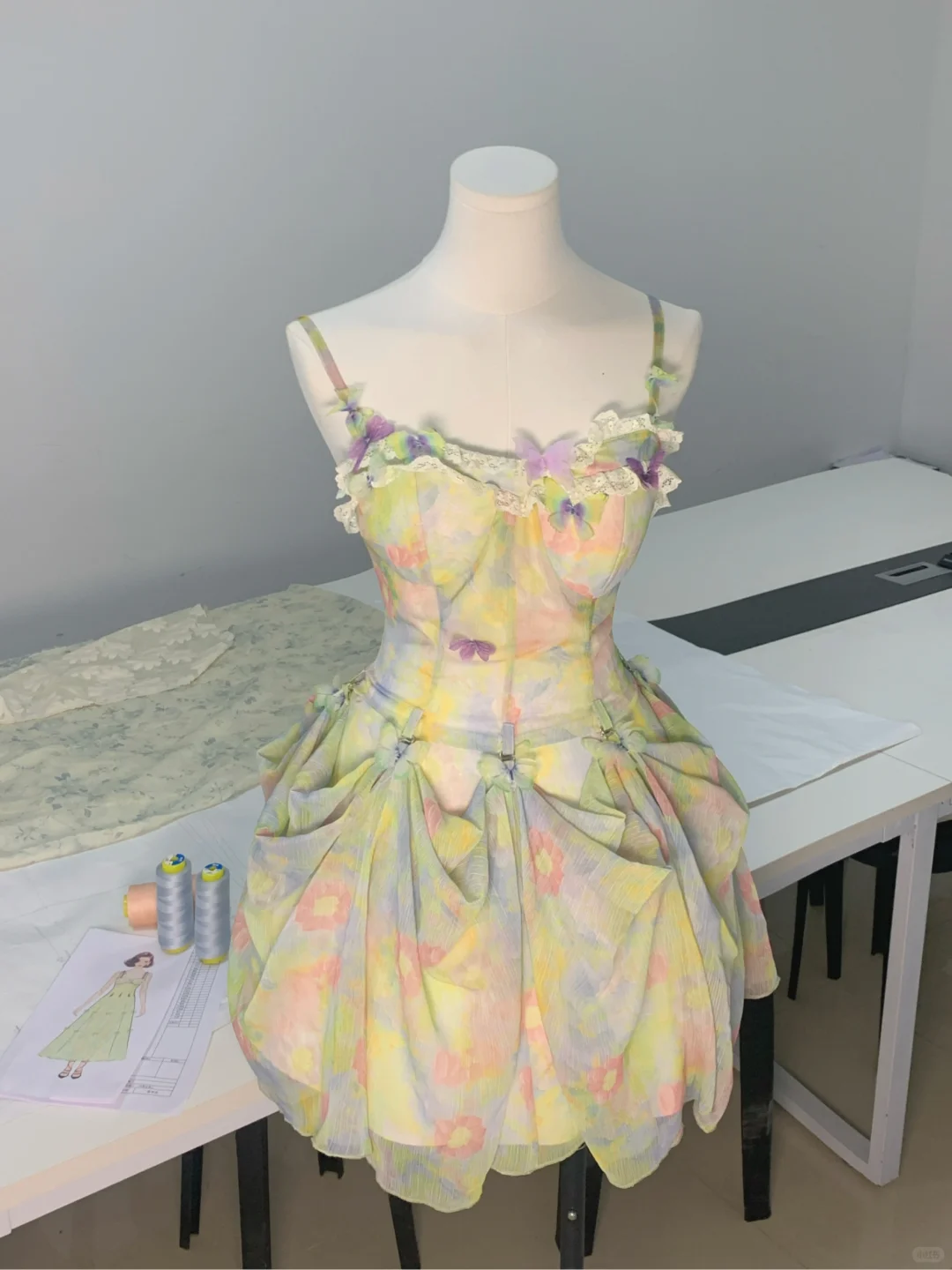 Pretty Spaghetti Straps Chiffon Print Floral Birthday Outfits Formal Graduation Homecoming Dress