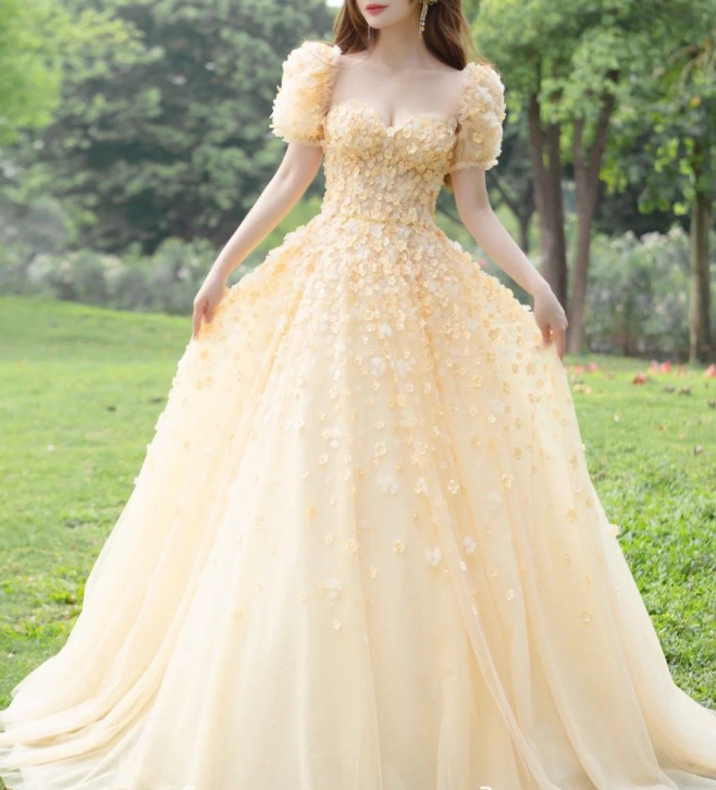 Charming Yellow A-Line Puffy Sleeves Floral Prom Dress,Fairy Dress - View 6 | FashionDia