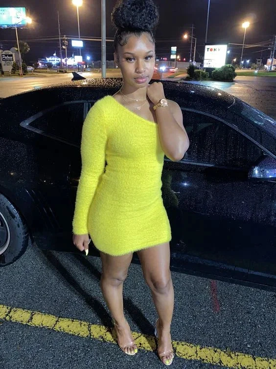 Bright Yellow One Shoulder Homecoming Dress Sexy Party Dress Y2194 by simplepromdress