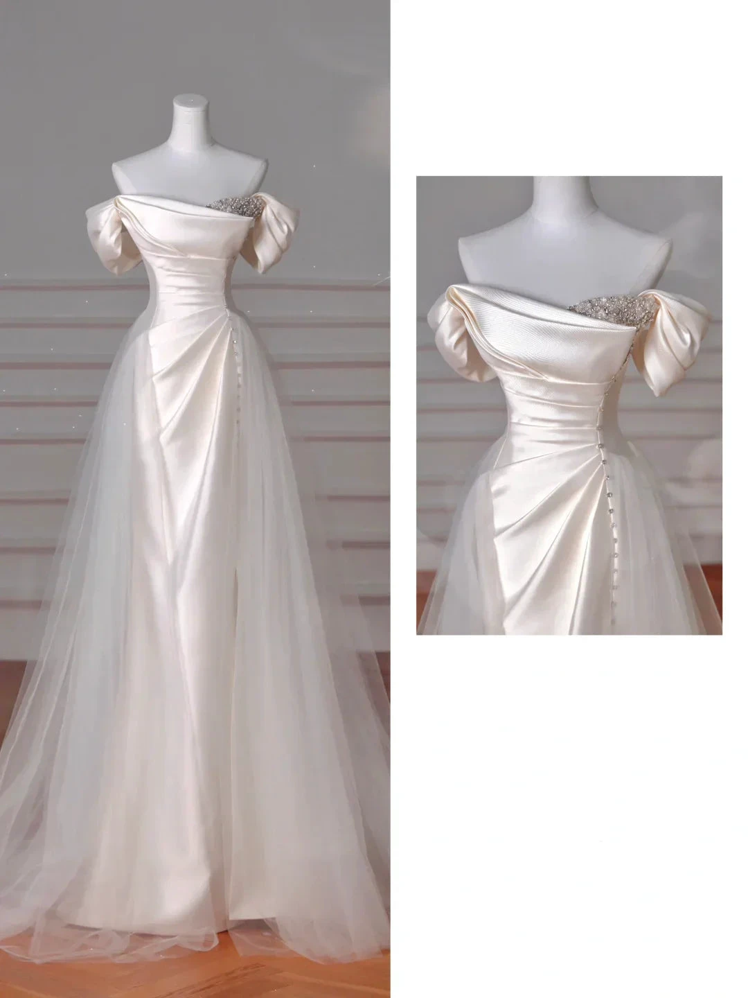 Elegant White off The Shoulder Satin Beaded Mermaid Evening Dress,Formal Prom Dress Wedding Dress Y8617 by simplepromdress