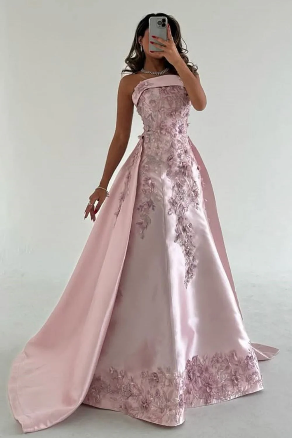 Pretty Pink Strapless Satin Appliques Beaded Formal Prom Dress,Long A-Line Party Evening Gown - View 4 | FashionDia