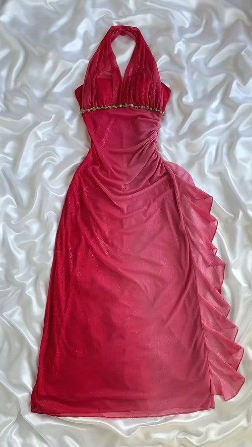 Classy Ombre Pink Halter Chiffon Ruffles Sheath Party Dress Glitter Long Prom Dress - FashionDia