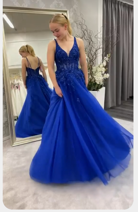 A-Line V-Neck Royal Blue Prom Dress Sleeveless Prom Dress Sweet 16 Dress - FashionDia