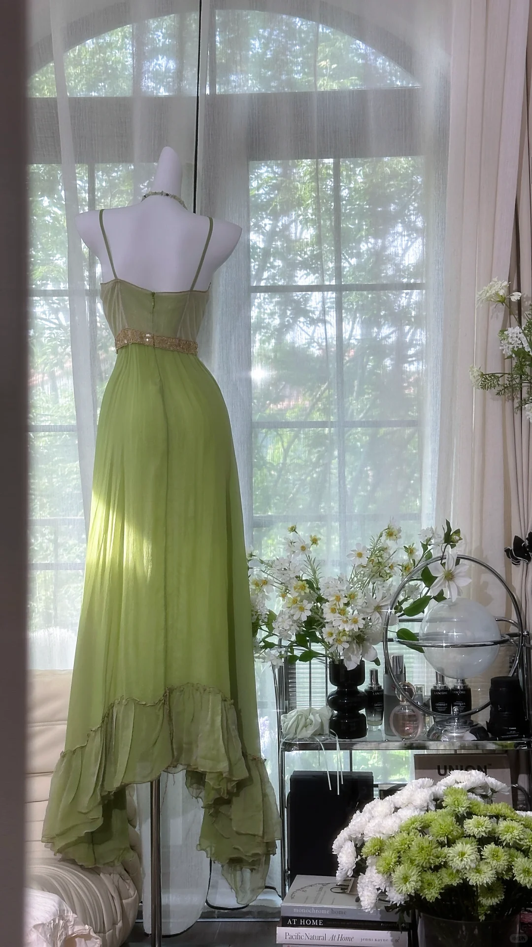 Elegant Spaghetti Straps Green Chiffon Sequin Mermaid Prom Dress Long Birthday Party Dress - View 4 | FashionDia