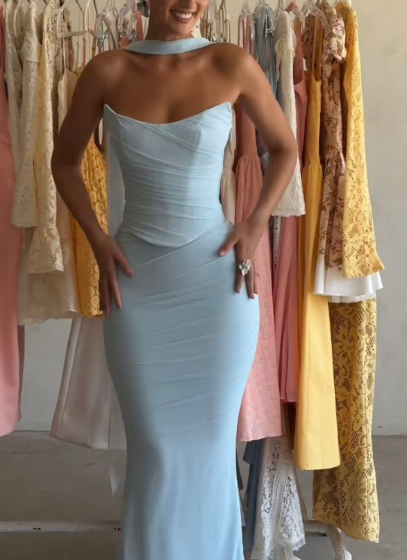 Sexy Strapless Blue Chiffon Prom Dress Mermaid Party Evening Gown Y8175 - View 2 | VelvetHem