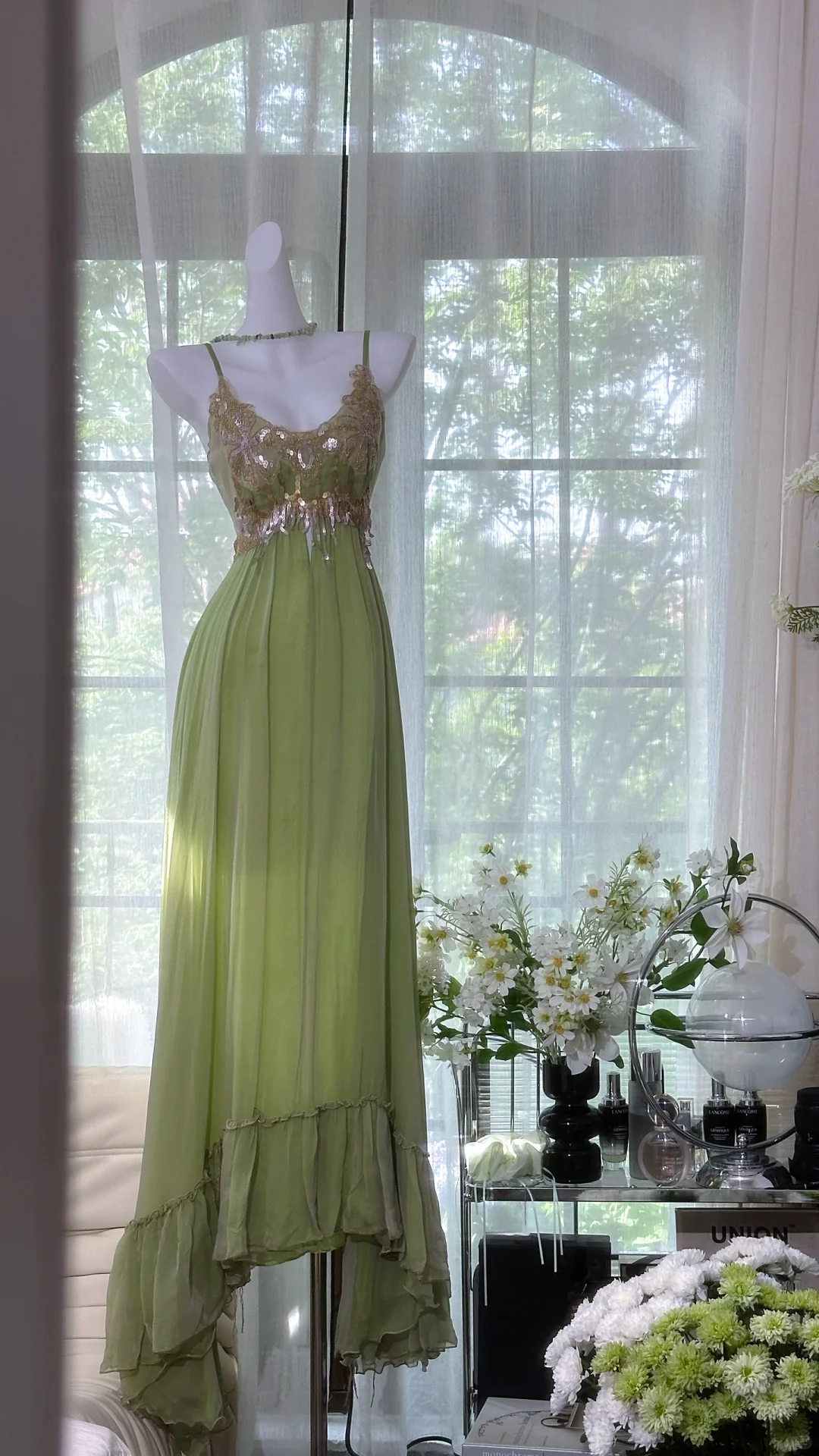 Elegant Spaghetti Straps Green Chiffon Sequin Mermaid Prom Dress Long Birthday Party Dress - FashionDia