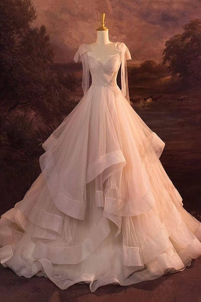 Shiny Light Pink Tulle Sequins Layered Evening Dress ,Formal Prom Party Dress