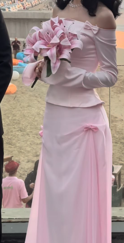 Sweet Two Piece Off-the-Shoulder Pink Satin Chiffon Mermaid Prom Dress Formal Party Dress - FashionDia