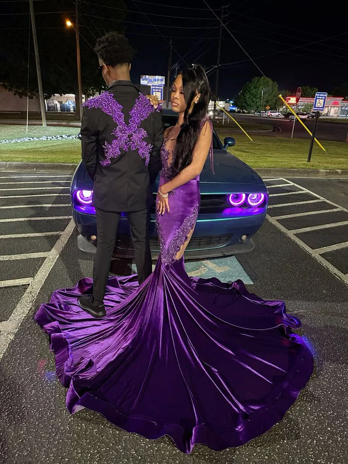 Luxrious Purple Velvet Appliques Mermaid Long Prom Dress Sexy Evening Dress