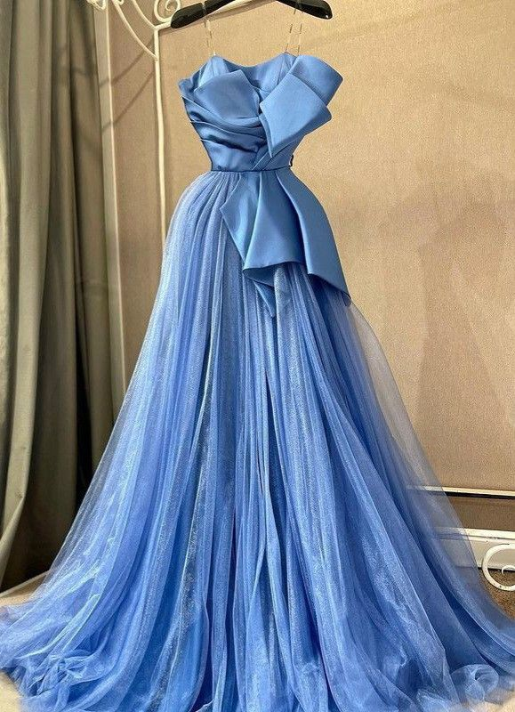 Blue A-Line Tulle Evening Dress,Fashion Blue Prom Gown - FashionDia
