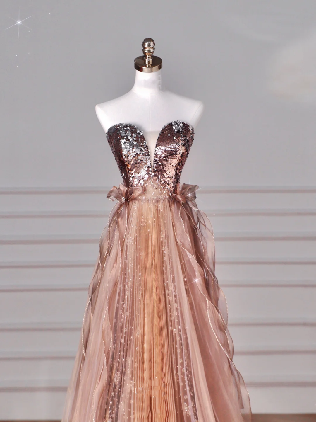 Vintage Rose Gold Strapless Tulle Sequins Beaded A Line Prom Dress Evening Dress Y8622 - View 3 | VelvetHem