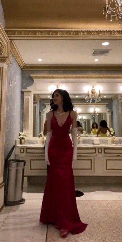 Classy Red Spaghetti Straps V-Neck Satin Mermaid Long Wedding Guest Dress Birthday Party Dress With Gloves - FashionDia