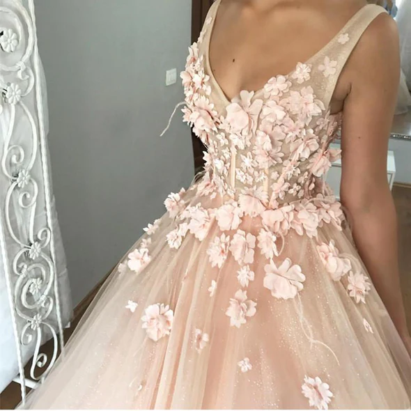 Blush Pink Tulle V-Neck Ball Gown Flowers Sweet 16 Dress - FashionDia