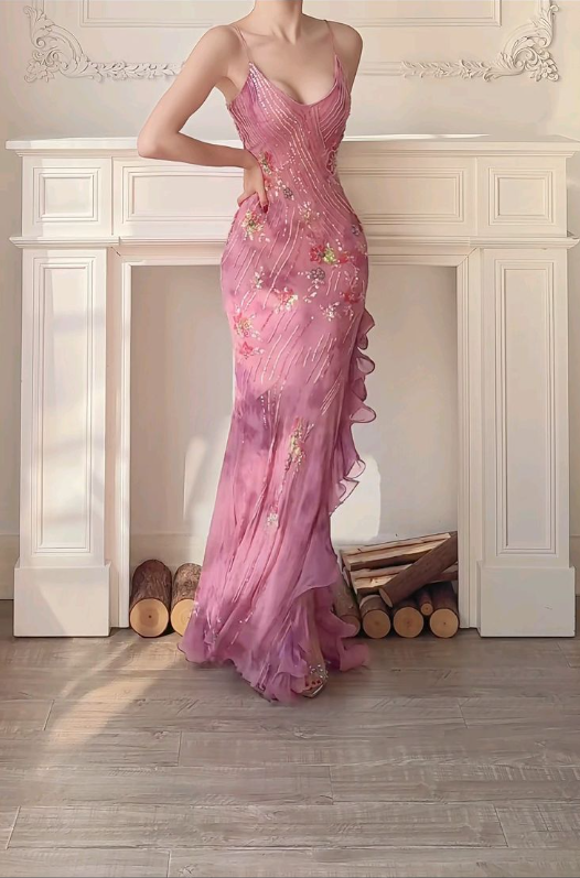 Gorgeous Pink Chiffon Sequins Evening Dress,Spaghetti Straps Prom Dress