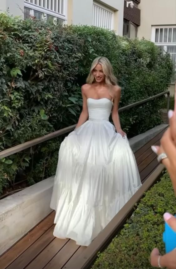 Beautiful White Strapless Wedding Dress A Line Prom Dress