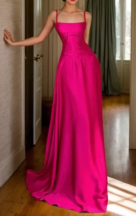 Gorgeous Hot Pink Satin A-Line Party Dress Straps Prom Evening Dress - View 2 | FashionDia