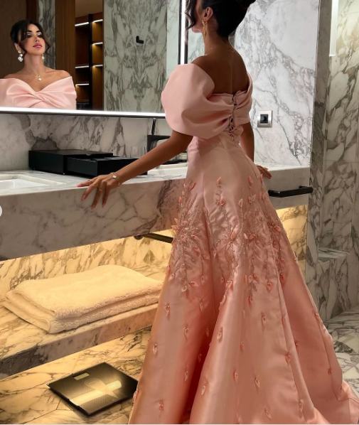 Chic Off-the-Shoulder Satin Beaded Appliques Pink Long Party Dress Evening Gown - View 5 | FashionDia