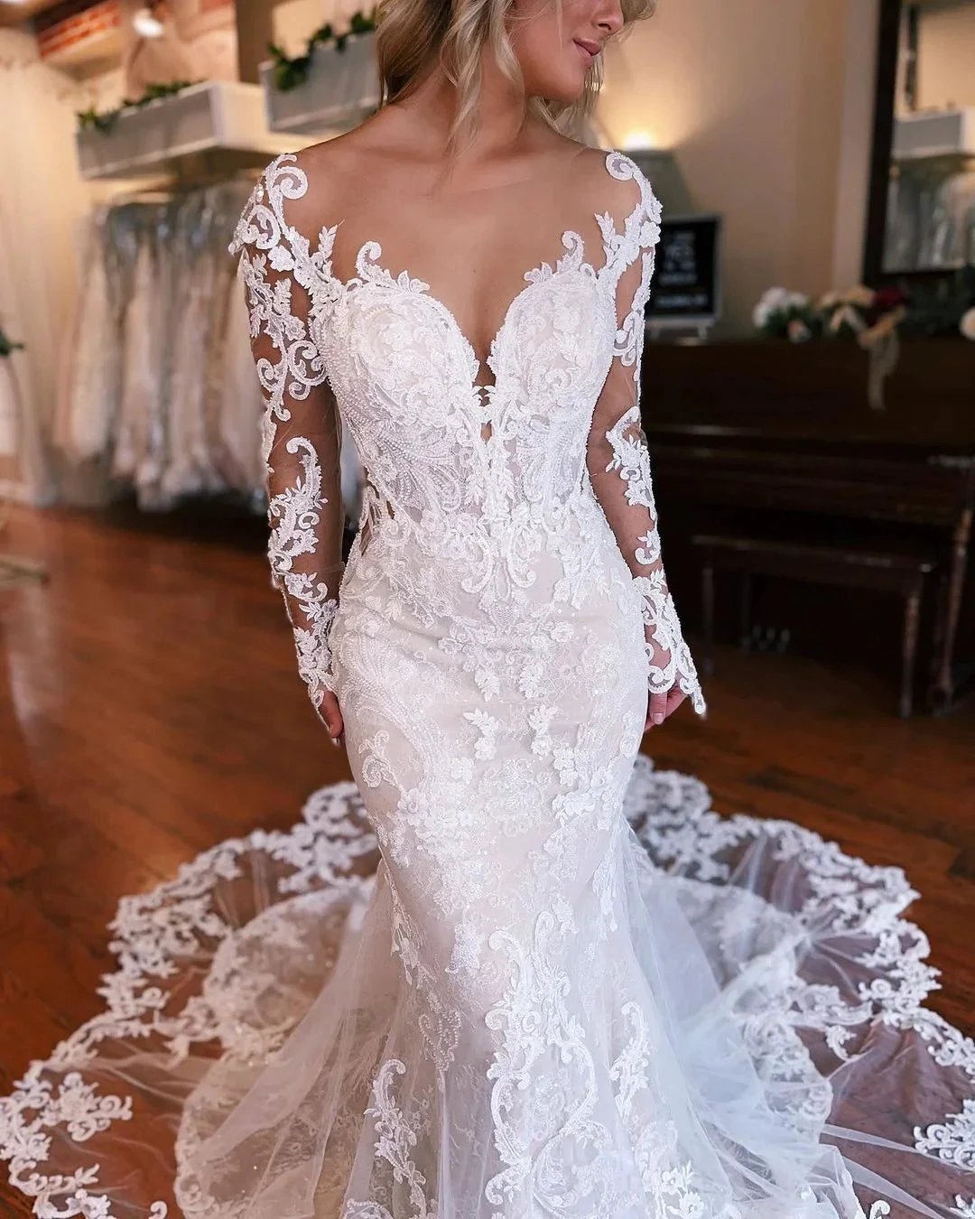 Fabulous Long Mermaid Backless V-neck Lace Wedding Dress With Detachable Train (ZD15692)