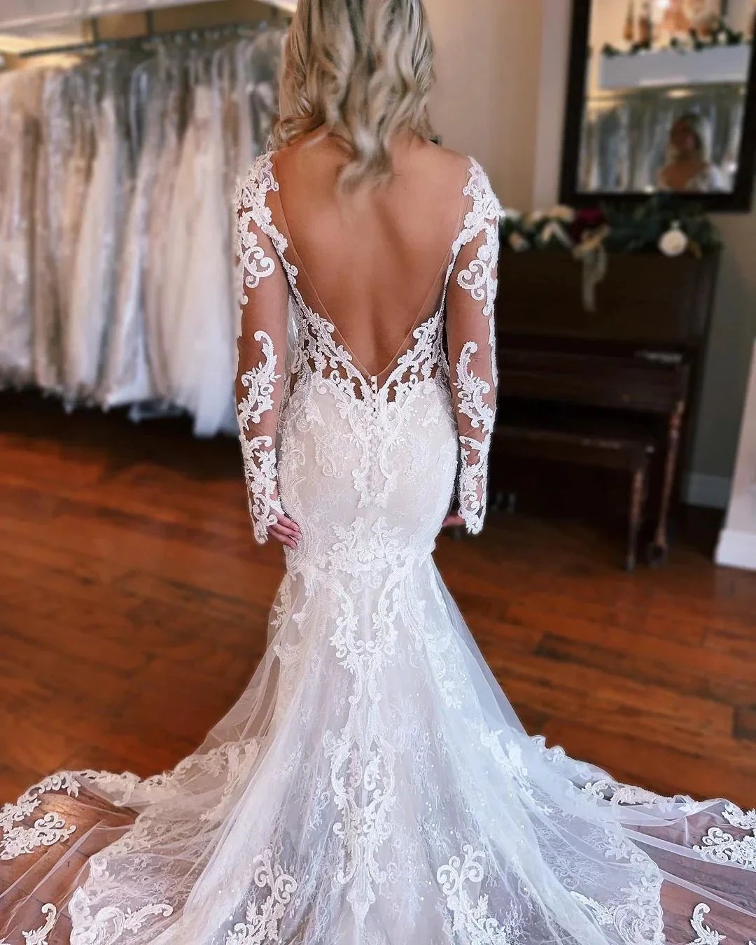 Fabulous Long Mermaid Backless V-neck Lace Wedding Dress With Detachable Train (ZD15692)