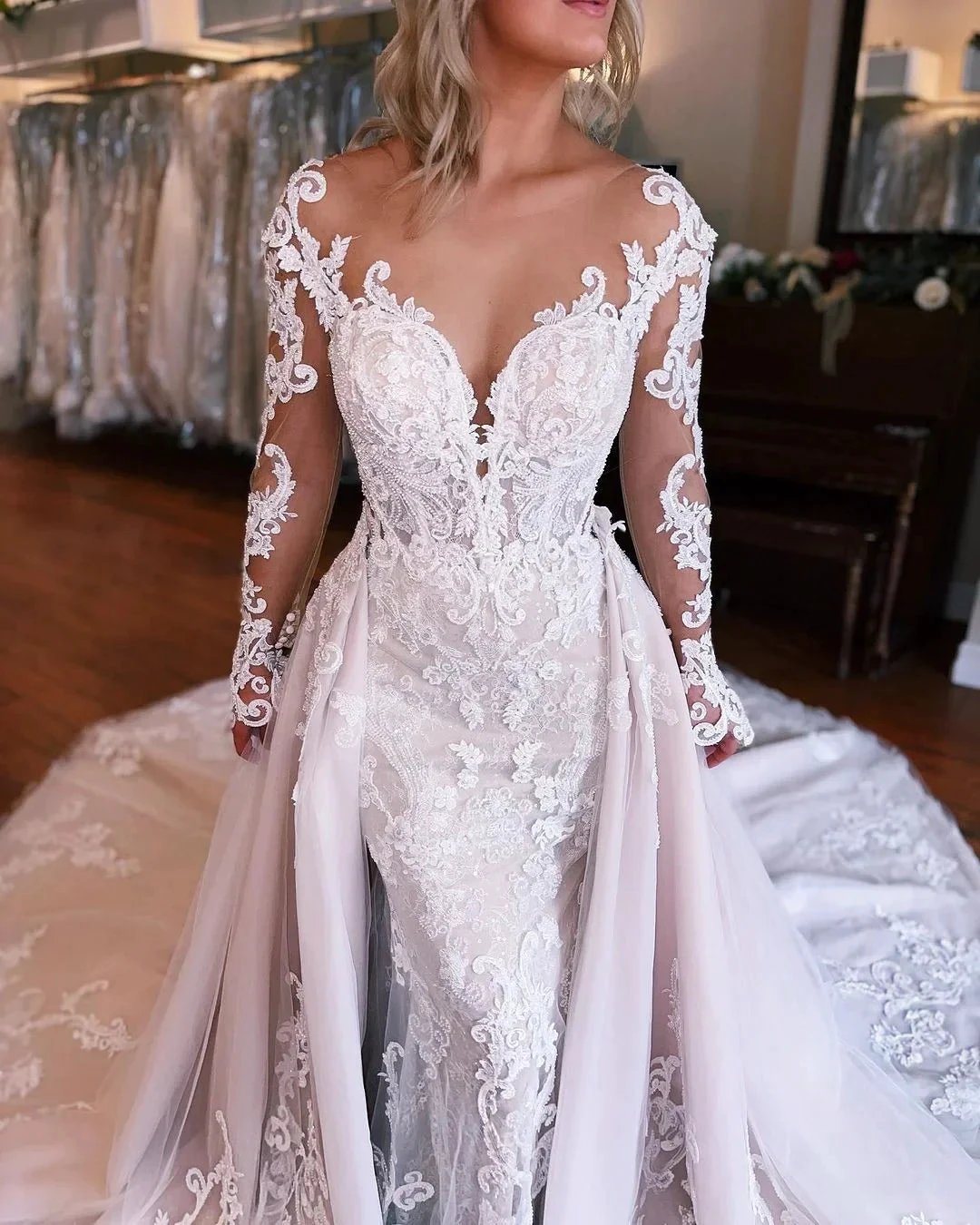 Fabulous Long Mermaid Backless V-neck Lace Wedding Dress With Detachable Train (ZD15692)