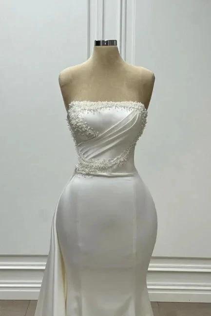 Fabulous Long White Mermaid Sleeveless Strapless Wedding Dress With Pearls (ZD15616)