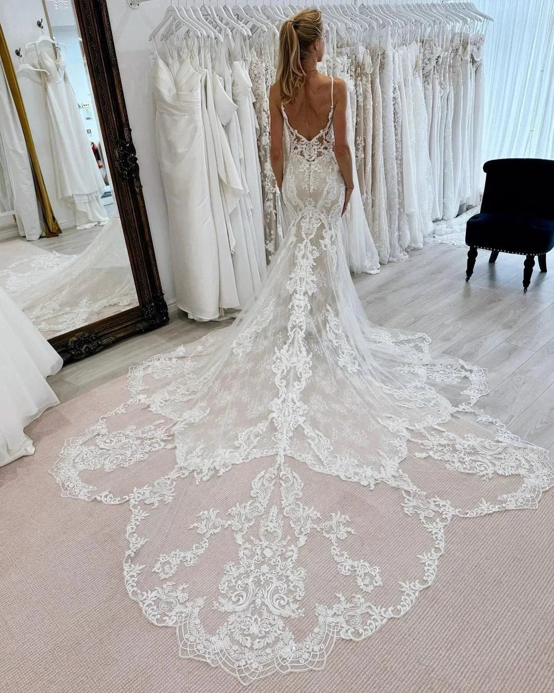 Fabulous Mermaid Tulle Lace Spaghetti Straps Sleeveless White Wedding Dresses With Appliques Train (ZD16479)