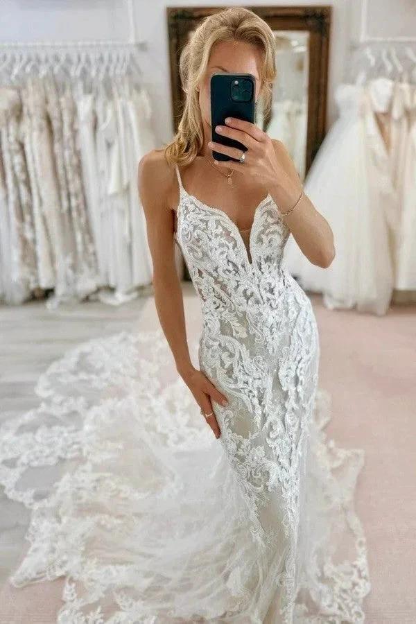 Fabulous Mermaid Tulle Lace Spaghetti Straps Sleeveless White Wedding Dresses With Appliques Train (ZD16479)