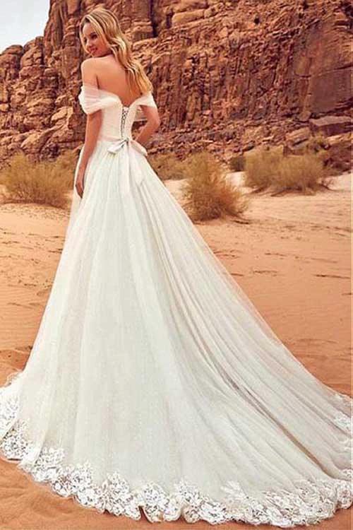 Fabulous White A-line Off Shoulder Tulle Wedding Dresses with Sweep Brush Train (ZD14003)