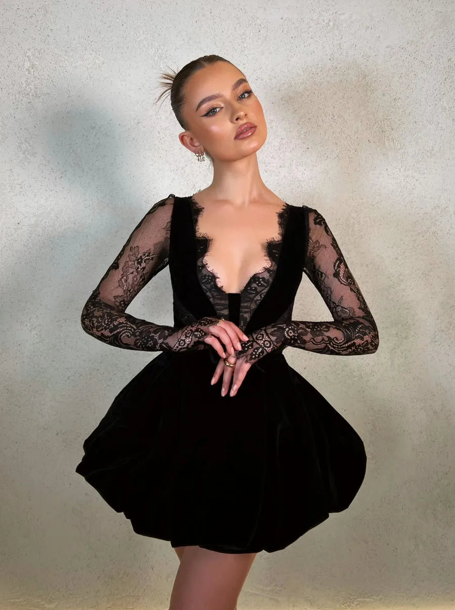 Fashion Satin Prom Dresses V-Neck Long Lace Sleeves Ruched Above Knee Homecoming Dresses vestidos de graduación