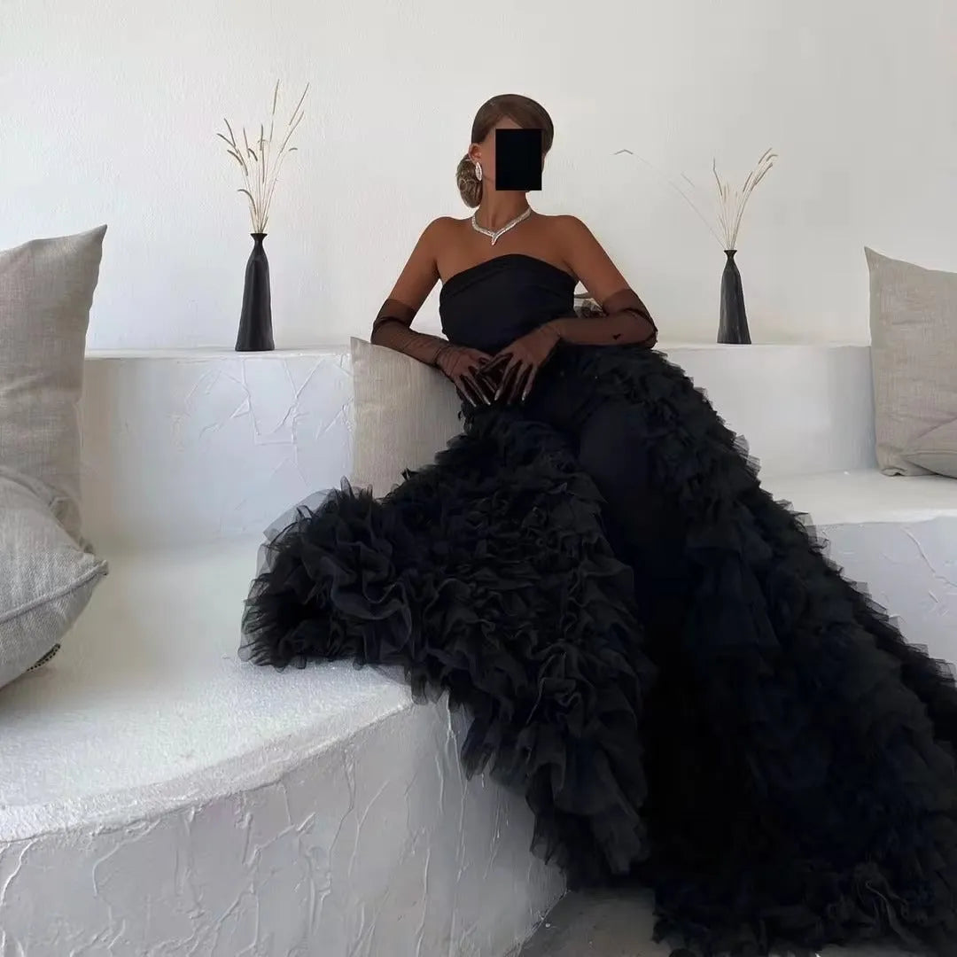 Mature Black Saudi Arabic Evening Dresses Strapless A-Line Formal Women Prom Party Gowns Special Occasion Dresses