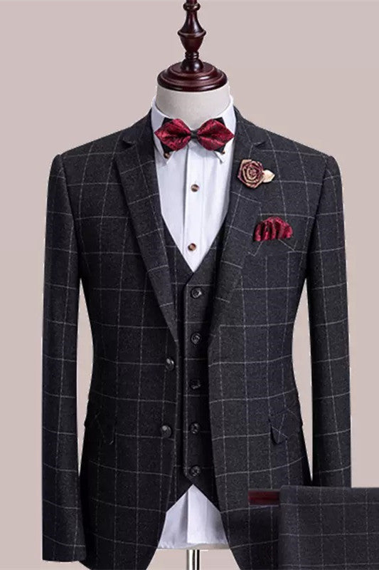 Fancy Black Plaid 3 Piece Notched Lapel Business Suit