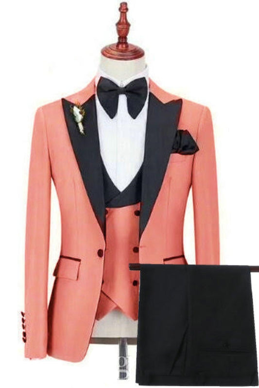 Fancy Coral Peaked Lapel 3 Piece Prom Suit