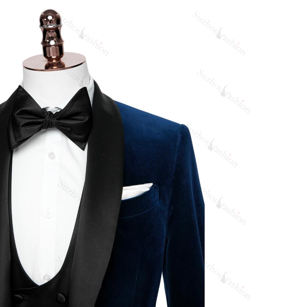 Fancy Navy Blue Shawl Lapel 3 Piece Velvet Wedding Suit