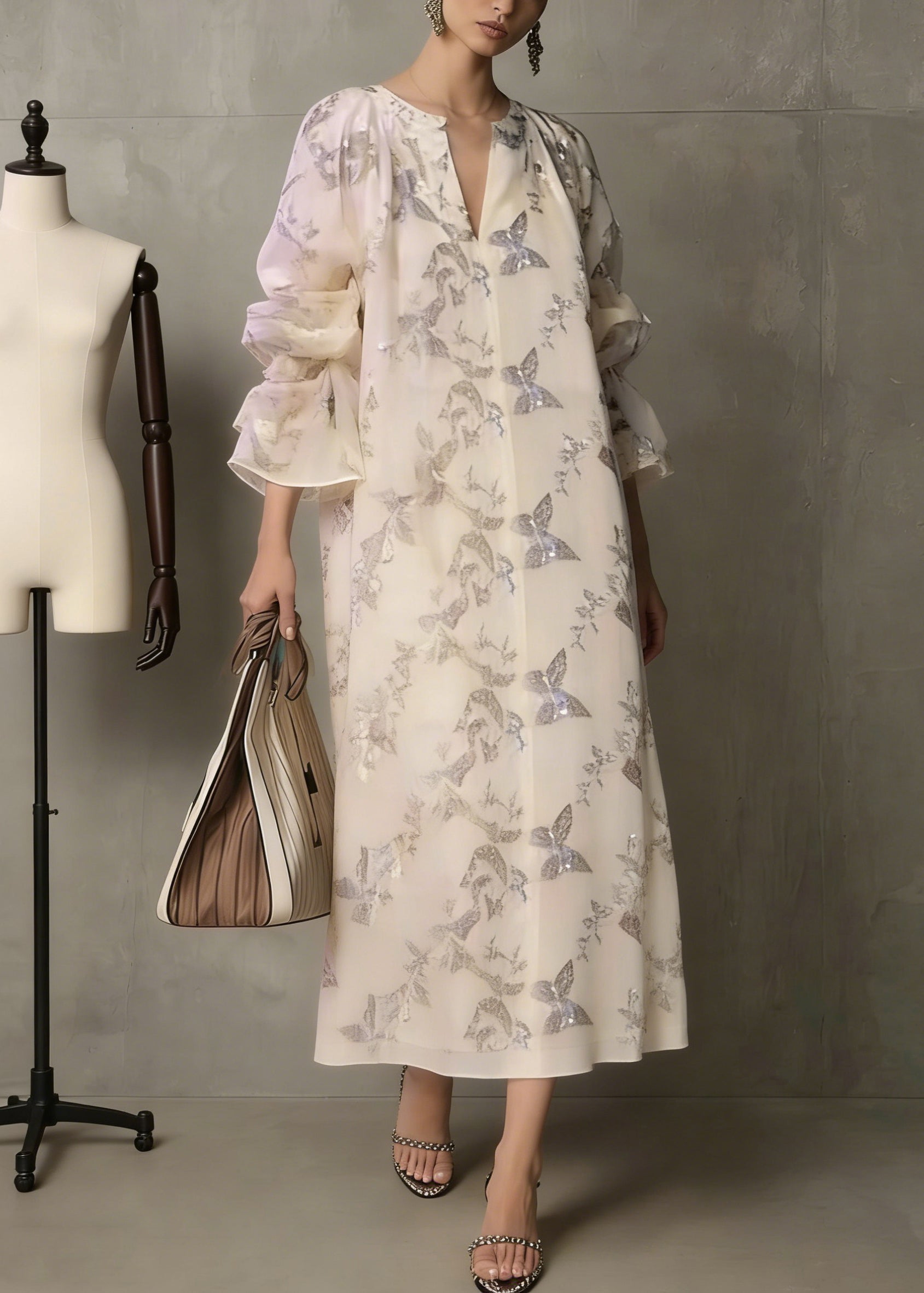 Fashion Apricot Butterfly Sequins Cotton Dress Flare Sleeve