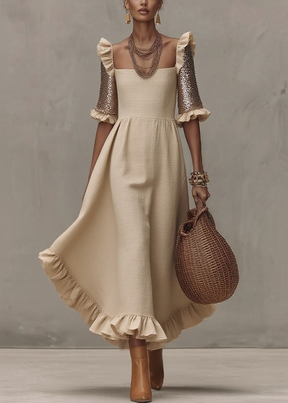 Fashion Beige Square Collar Ruffled Wrinkled Long Dress Summer