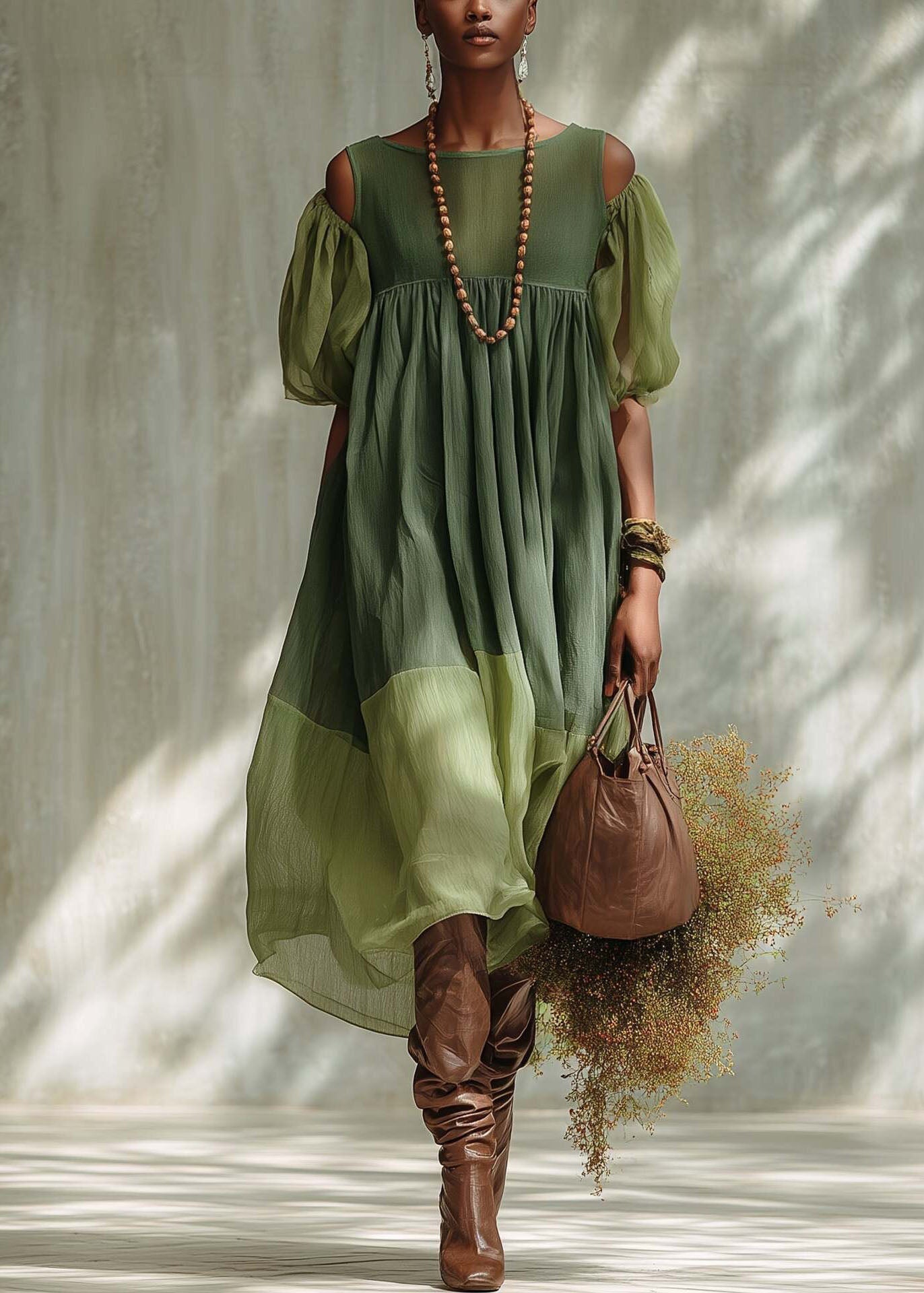 Fashion Green Puff Sleeve Patchwork Cotton Vacation Dress