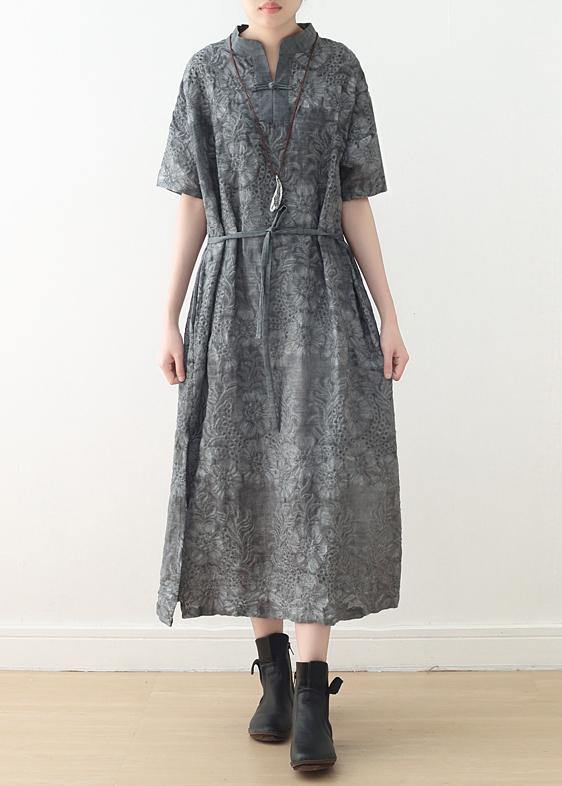 Fashion Grey Print Oriental Summer Linen Dress