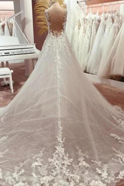Fashion Long A-line V-neck Lace Tulle Wedding Dress with Train (ZD15589)
