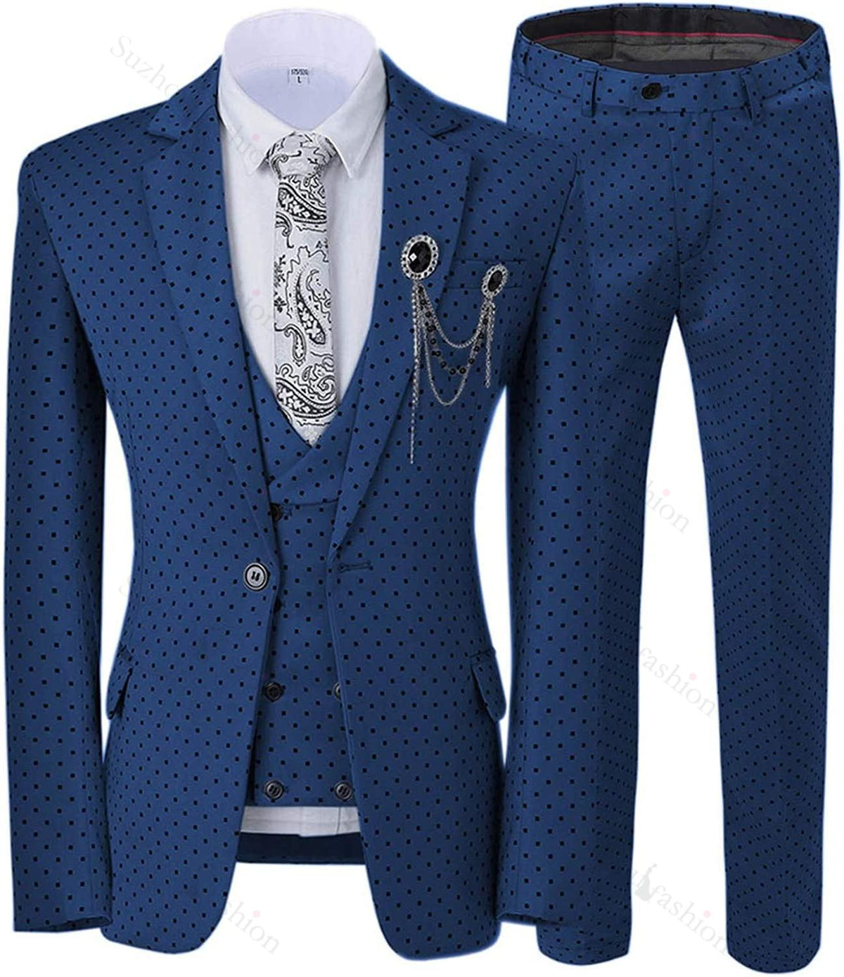 Fashion Navy Blue Notched Lapel 3 Piece Prom Suit with Black Dot