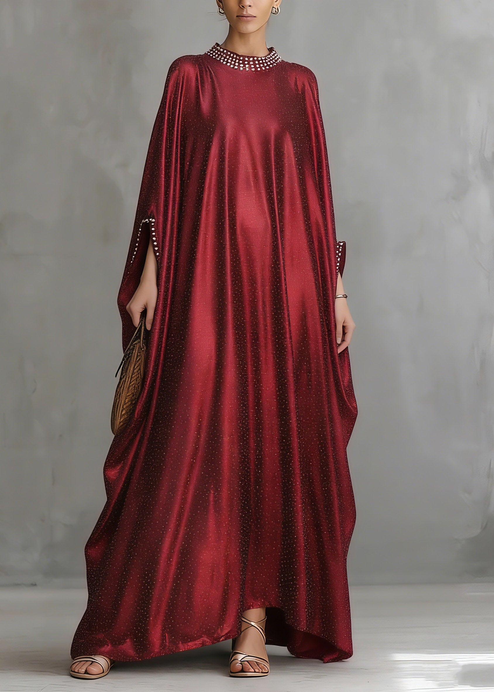 Fashion Red Patchwork Silk Maxi Dress Flare Sleeve