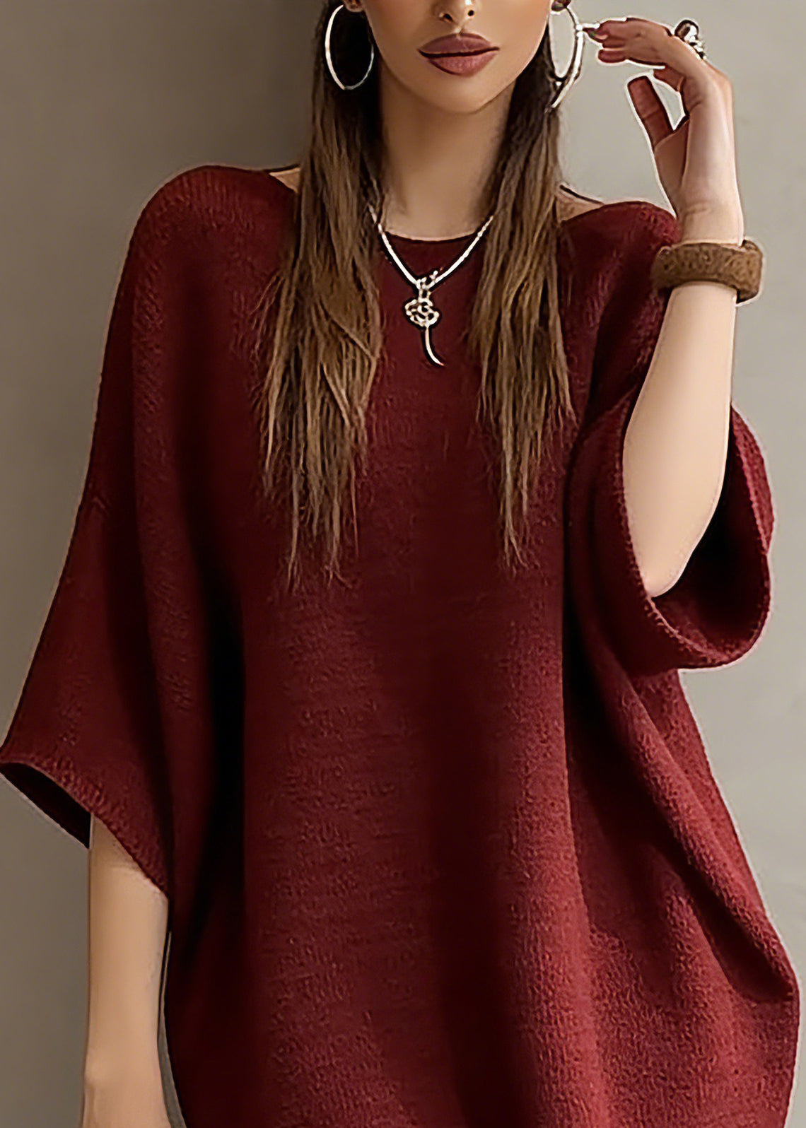 Fashion Red Slash Neck Knit Sweater Dress Batwing Sleeve