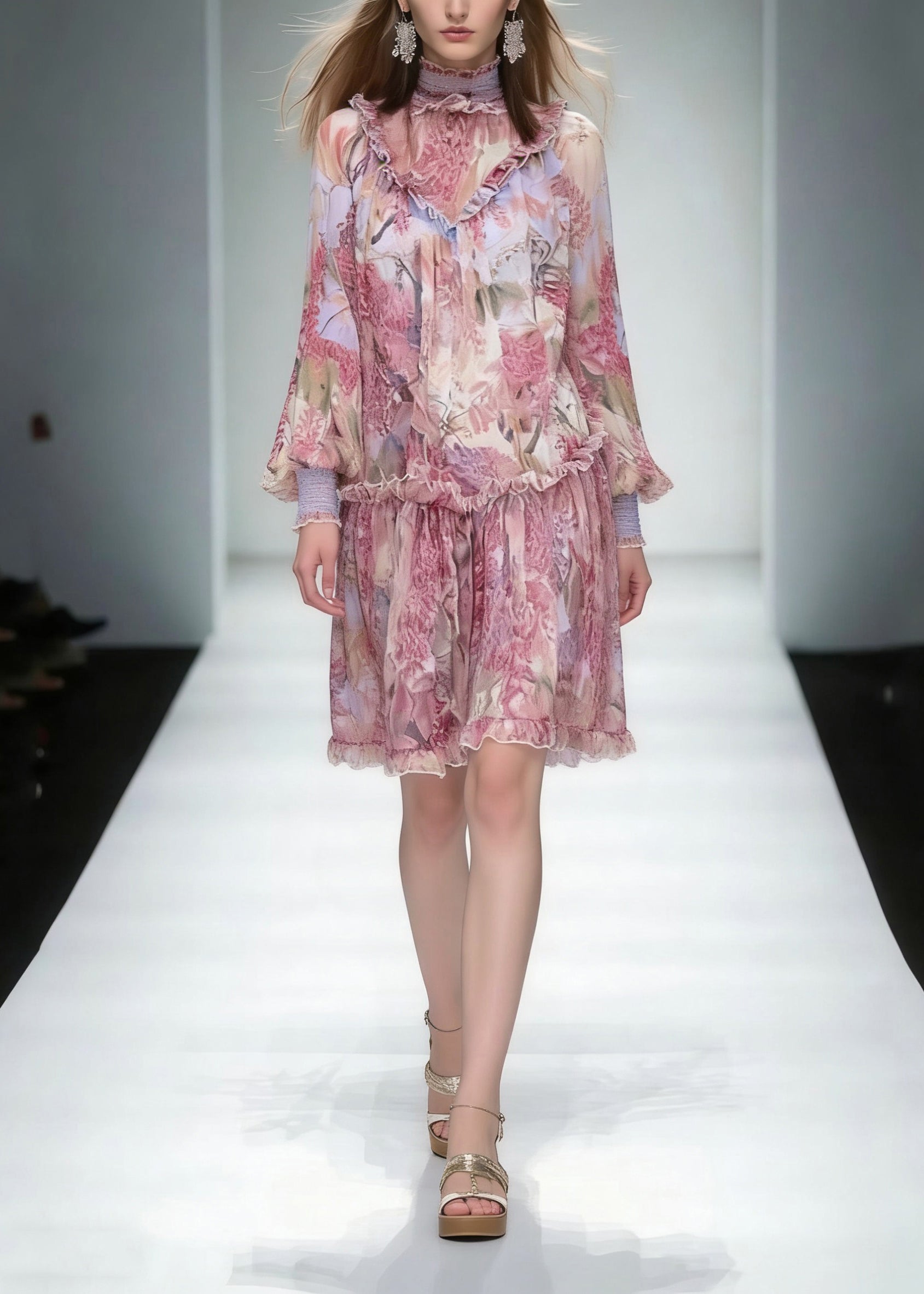 Fashion Red Stand Collar Ruffled Print Chiffon Dress Long Sleeve