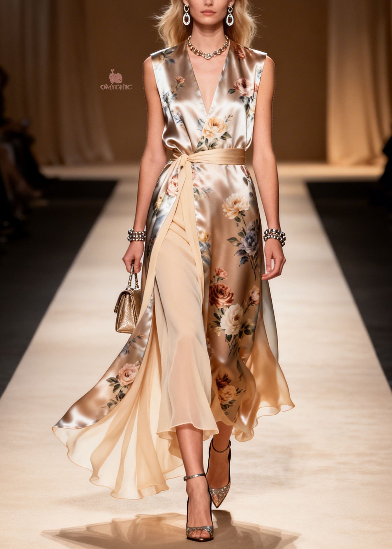 Fashion V Neck Print Lace Up Patchwork Silk Dress Sleeveless