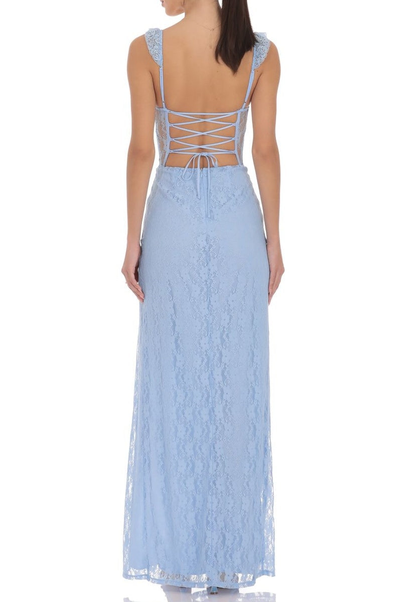 Fashion Sheath Sweetheart Lilac Lace Long Prom Dress with Criss Cross Back